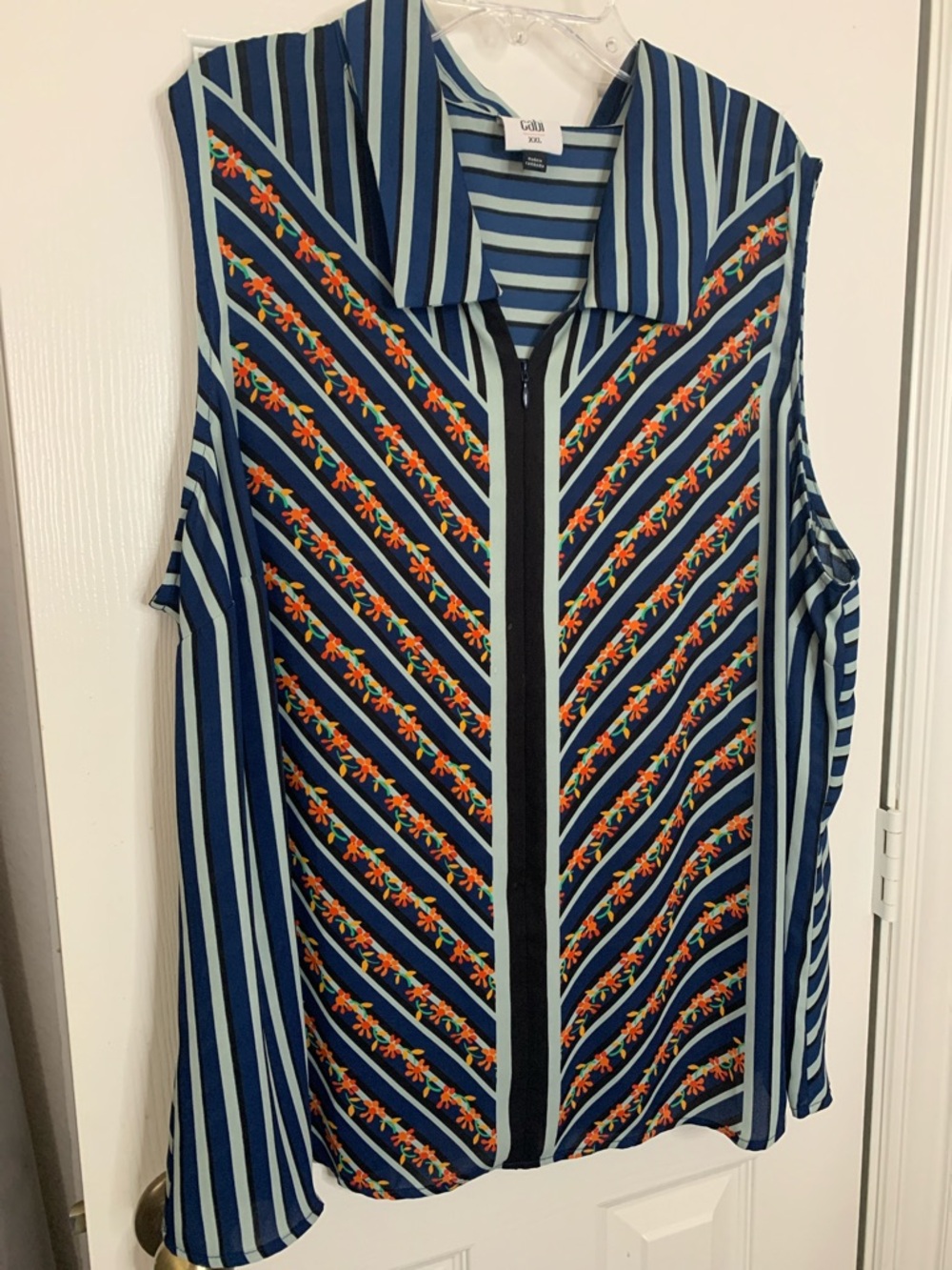 CAbi Navy and Light Blue Striped Embroidered Zip-Front Sleeveless Top